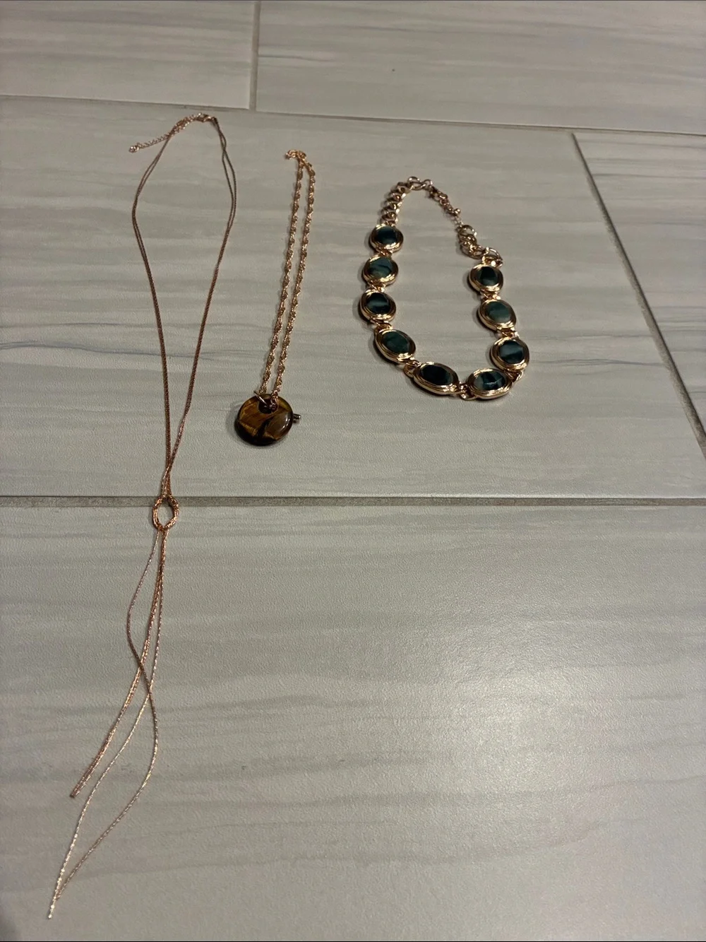 BUNDLE ASOS Rose Gold Lariat Necklace, Green Stone Link Necklace and Tan Pendant